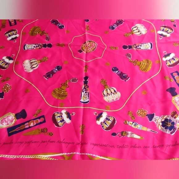Vibrant Hot Pink Scarf with Vintage Perfume Bottles Large - Picture 6 of 13